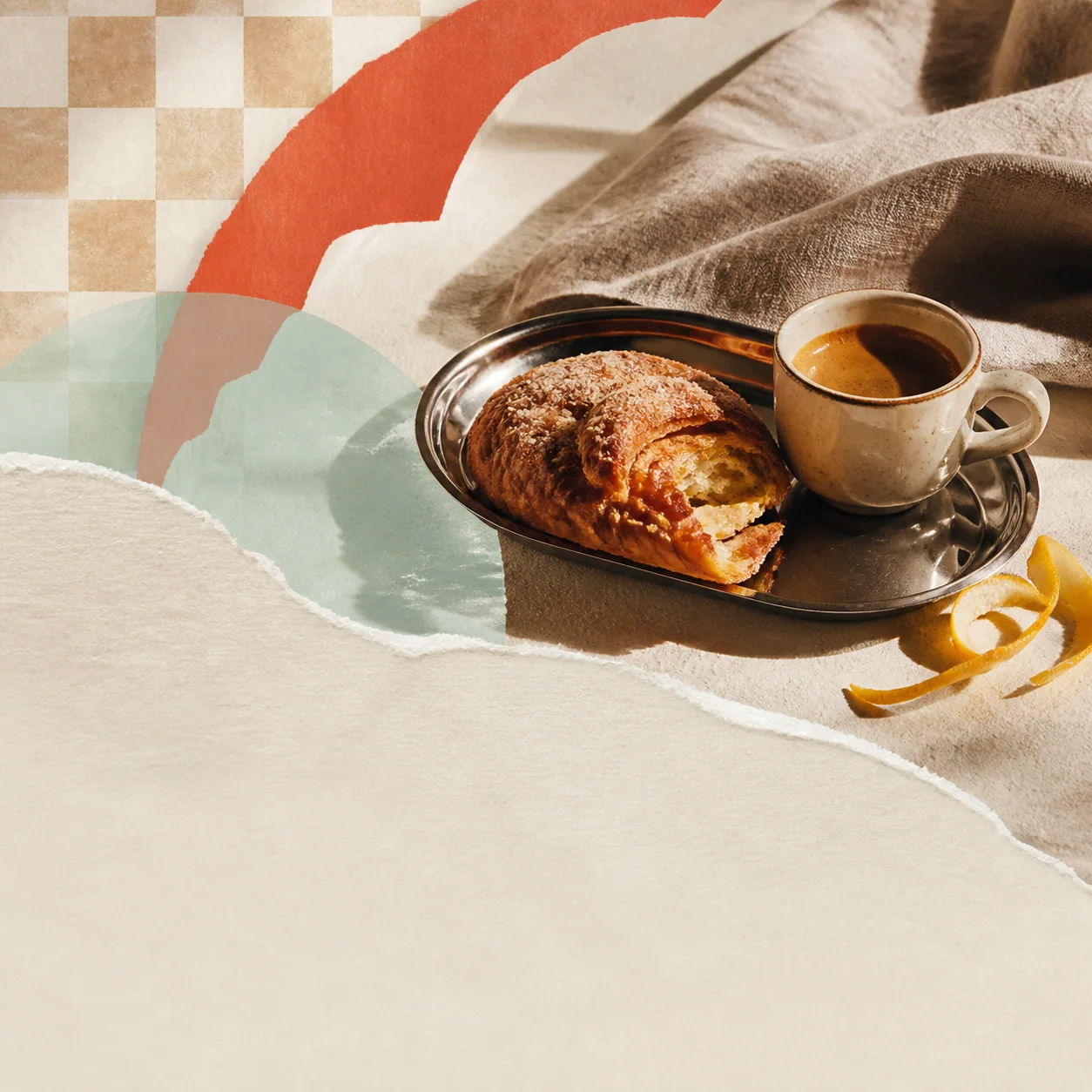 Editorial café campaign with a pastry, coffee, linen, and paper collage