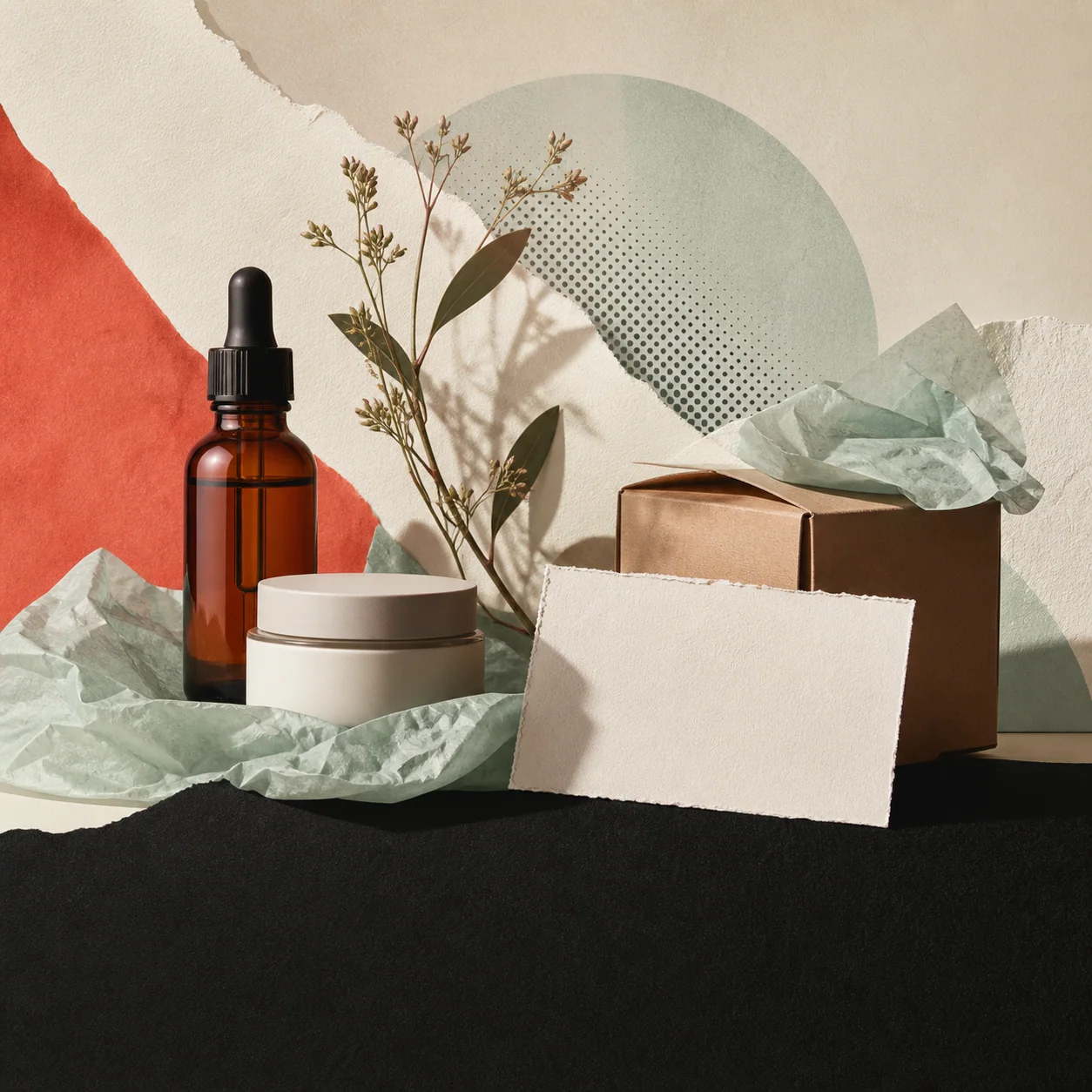 Editorial online-store campaign with skincare products, packaging, and paper collage