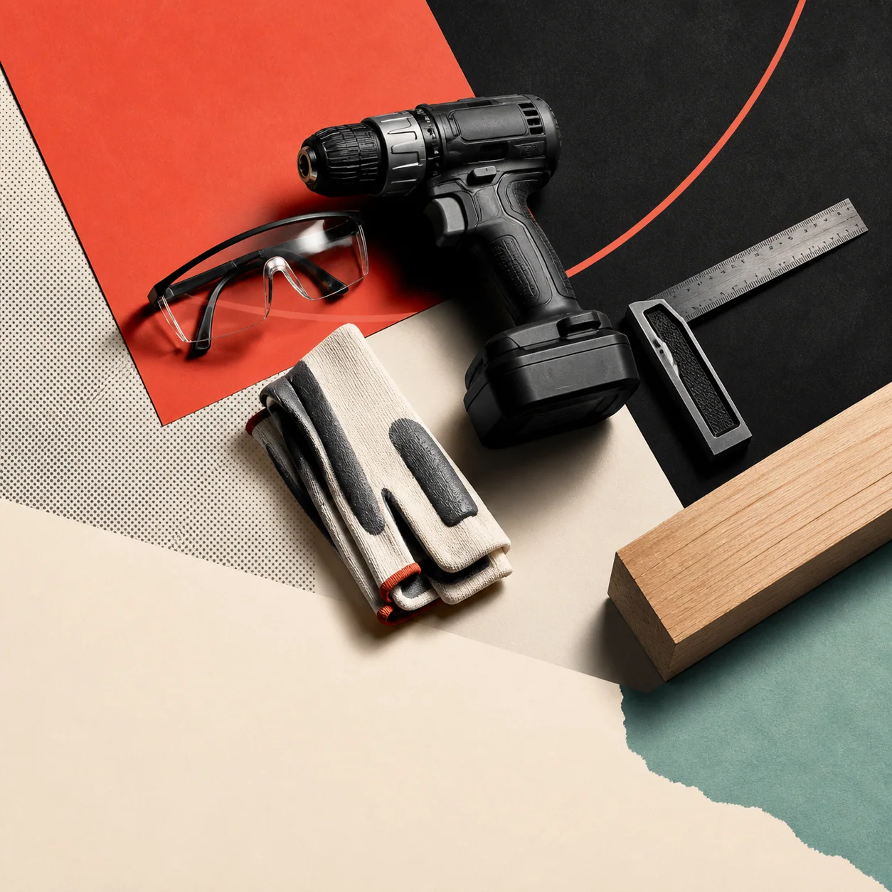 Editorial retail campaign with a drill, safety glasses, timber, and graphic paper layers