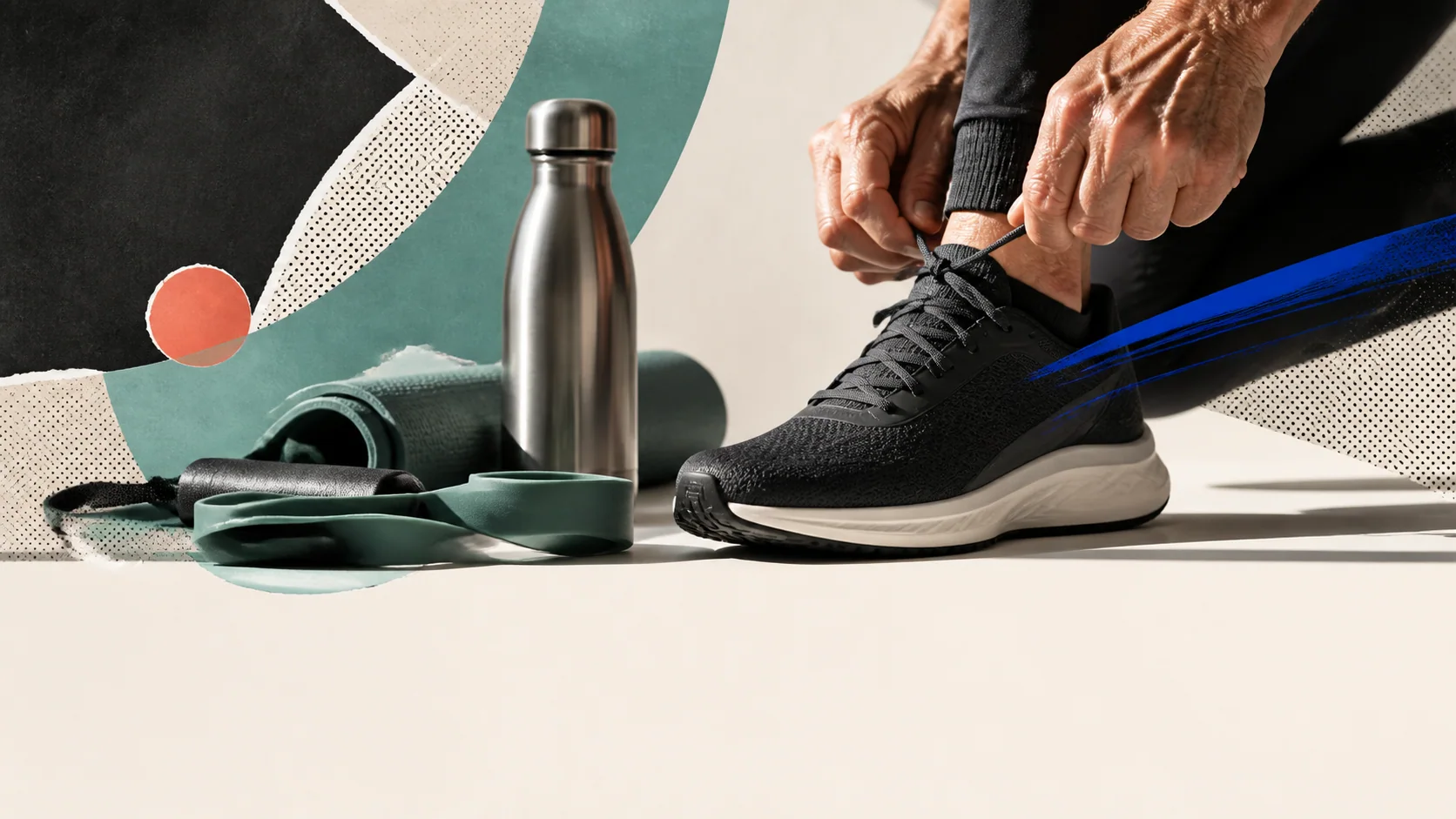 Editorial wellness campaign with a running shoe, exercise equipment, and kinetic collage shapes