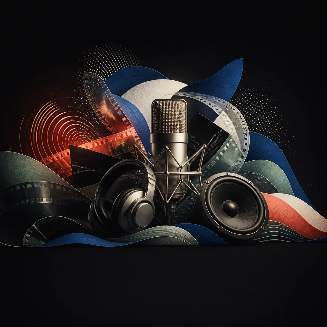 Art-directed audio campaign with a microphone, headphones, film, and rhythmic paper forms