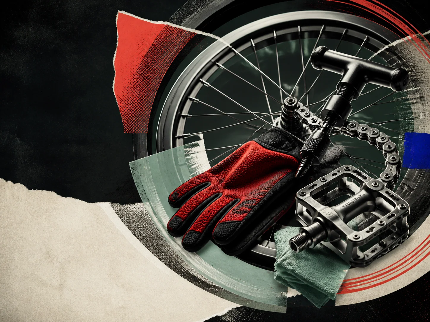 Art-directed bicycle service campaign with a wheel, tools, glove, and layered collage