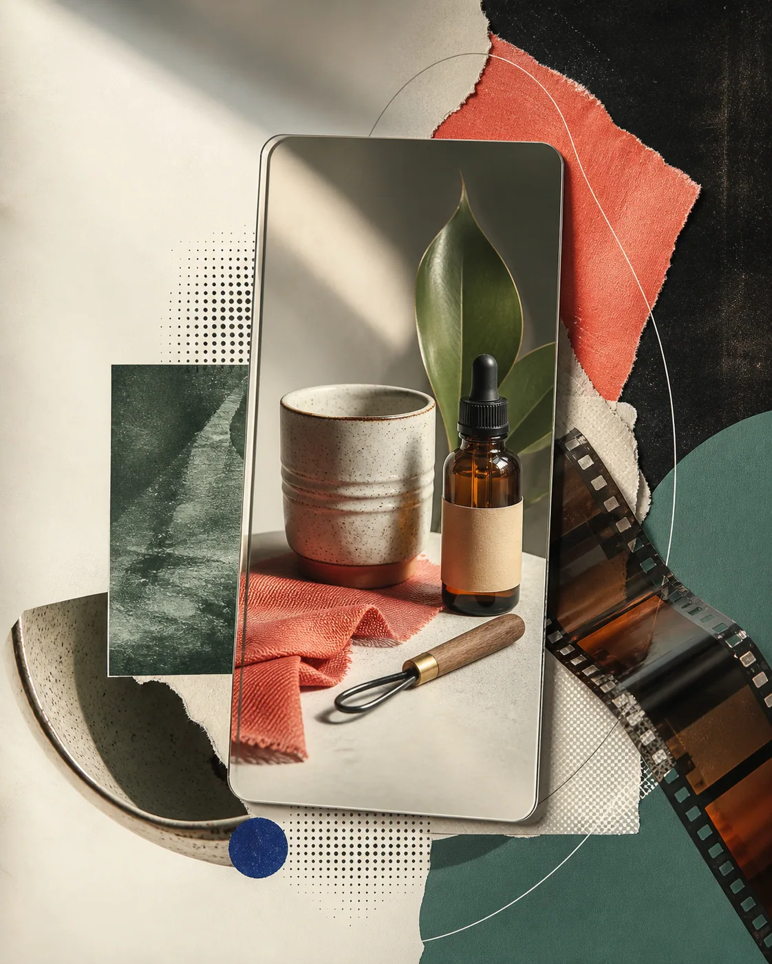 Editorial campaign collage combining everyday business products with film and graphic layers