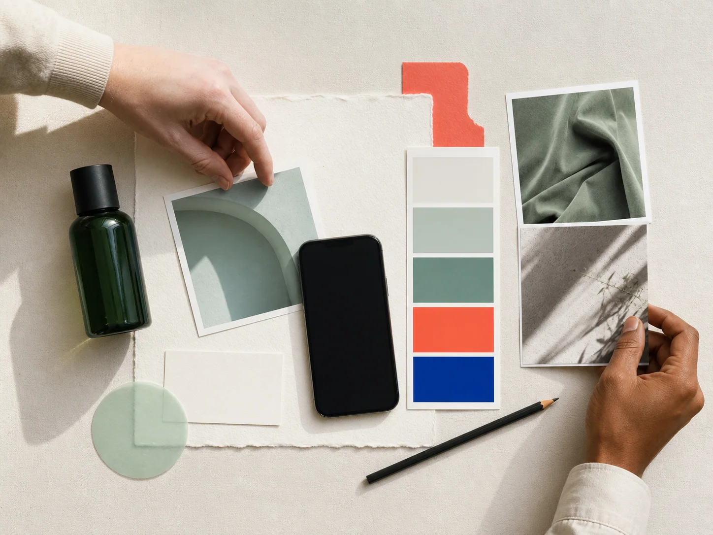 Two people selecting product images, colours, and references for a campaign brief