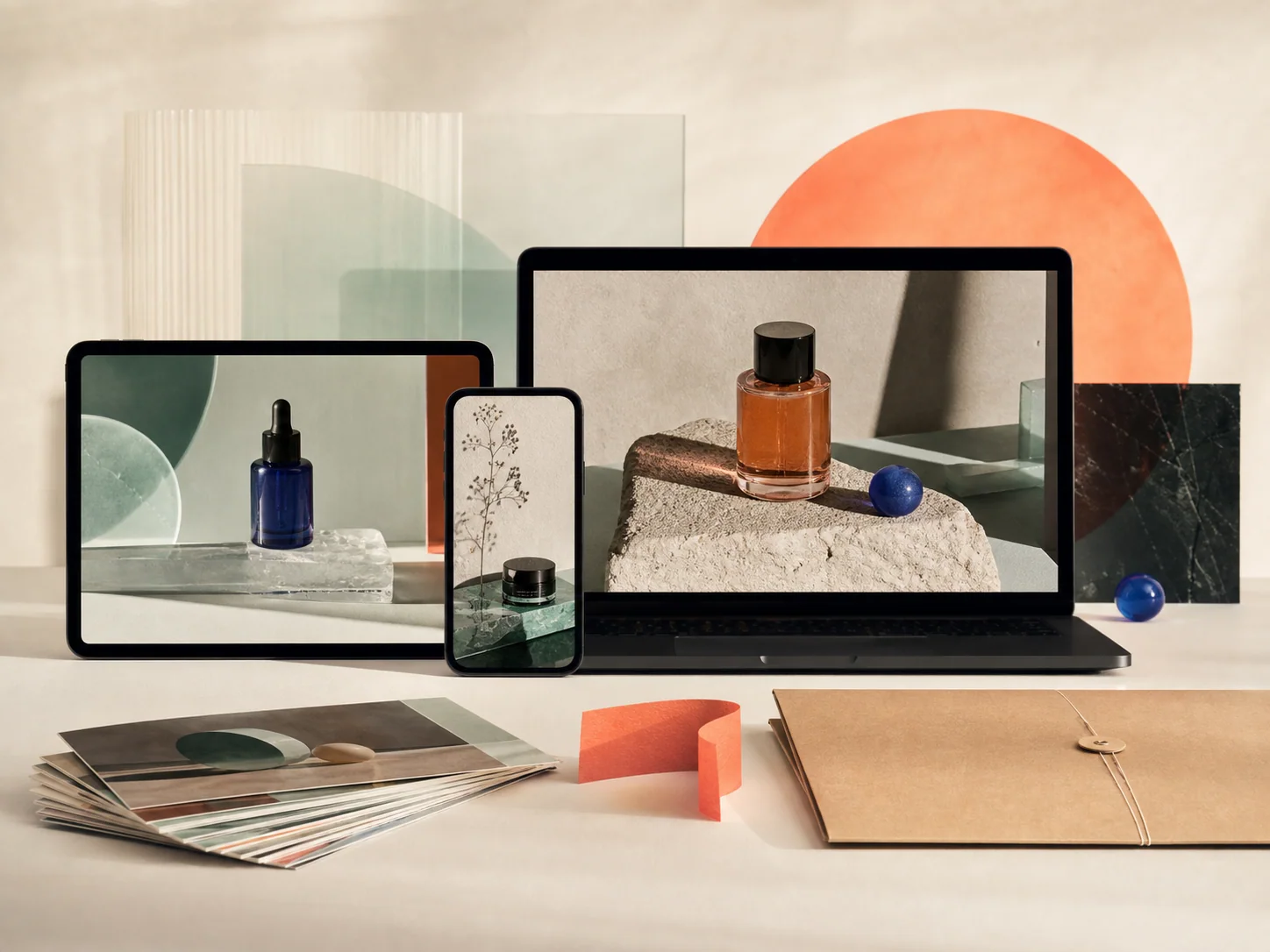 Coordinated campaign visuals displayed across a phone, tablet, and laptop beside a delivery pack