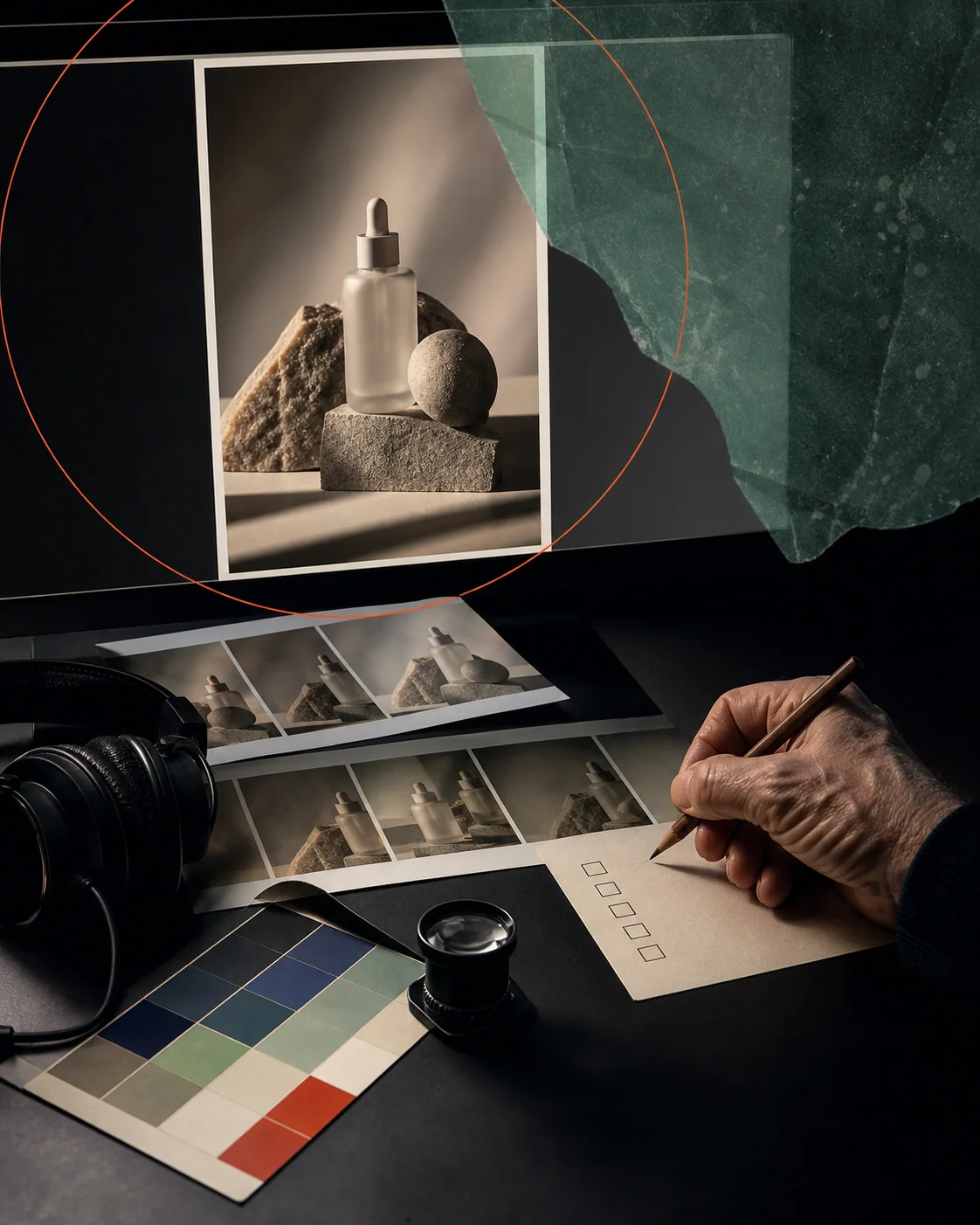 A human reviewer checking campaign frames, colours, audio, and a final checklist